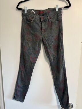 MOTHER Floral Print Skinny Jeans Gray Multicolor Size 26 Mid Rise